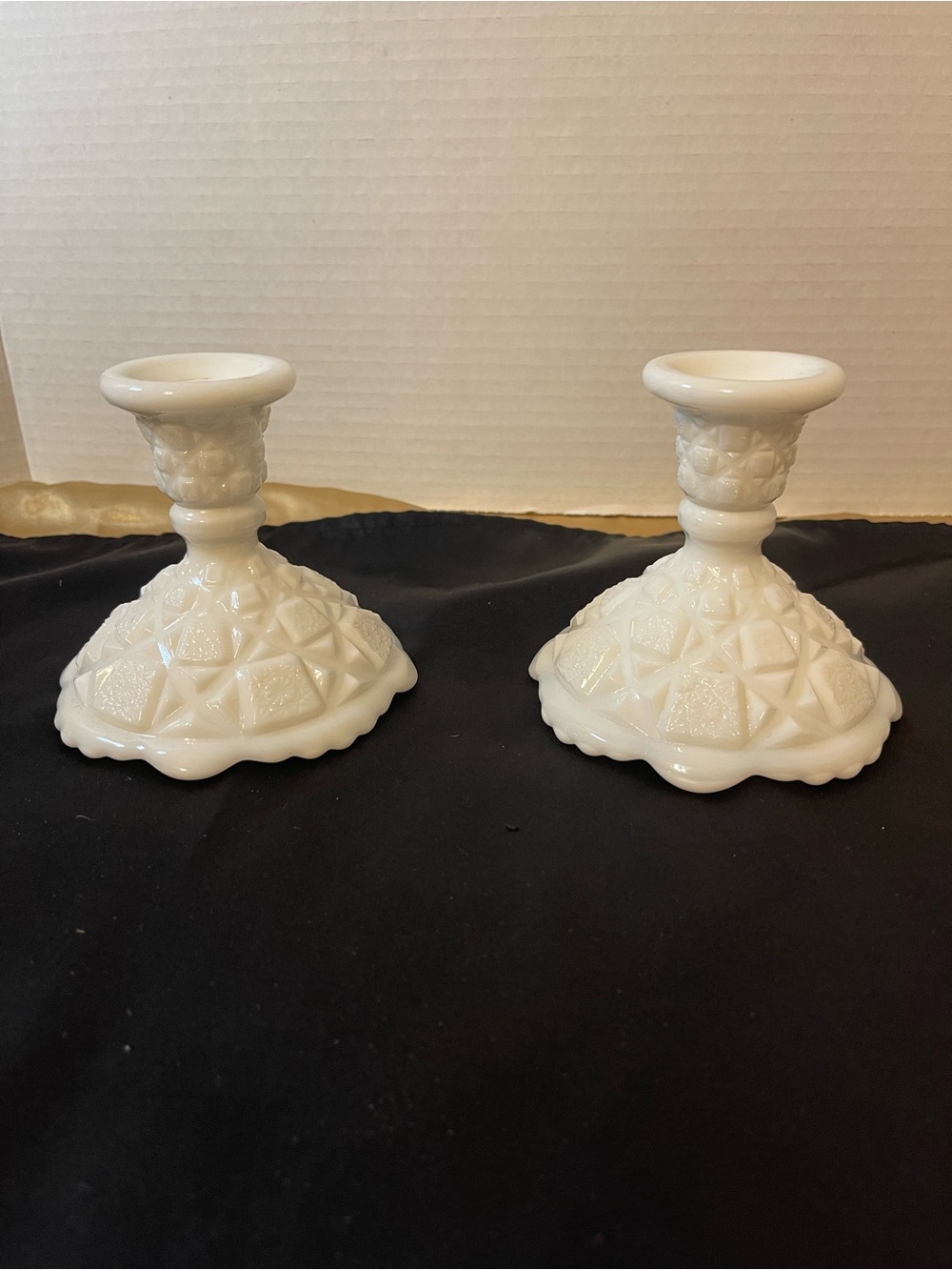 Elegant White Milk Glass Quilt Candlestick Pair